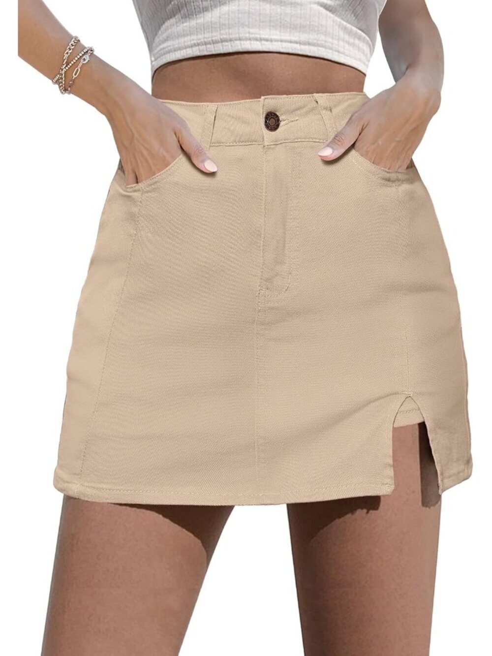Women's Light Khaki High Waisted Stretchy Denim Mini Skirt Side Slit Jean Skirts